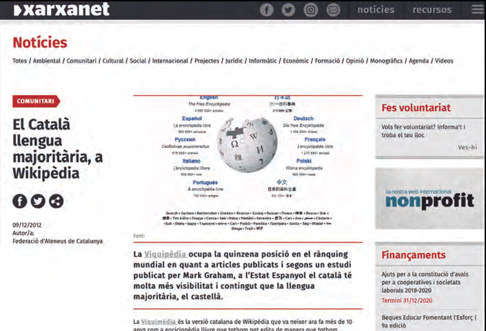 A dalt, notícia sobre la importància del català pel que fa al nombre d'articles publicats a la Viquipèdia