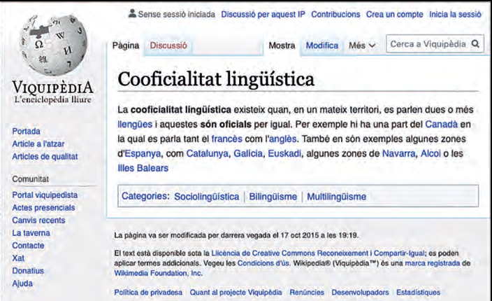 Entrada corresponent la la veu Cooficialitat lingüística, a la Viquipèdia catalana.