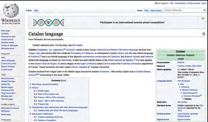 A baix, l'entrada corresponent a la llengua catalana en la Wikipedia en anglès.