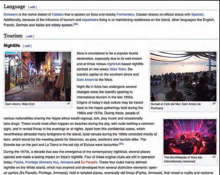 A dalt, informació de tipus lingüístic que ofereix la Wikipedia en versió anglesa sobre l'illa d'Eivissa, i l'eivissenc i el català.