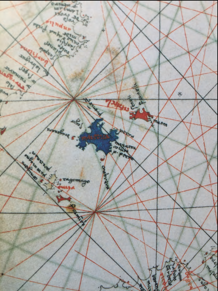 Detall d'un portolà anònim genovès, del segon quart del segle xiv (París, Bibliothèque Nationale, Dep. des Manuscrits, ms. Lat. 4850).
