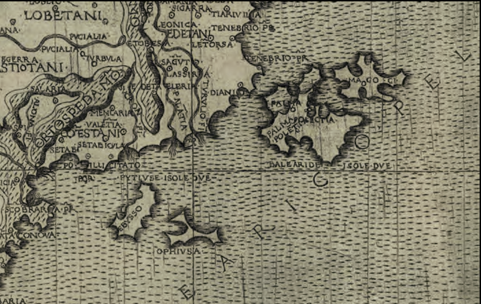 Detall d'un dels mapes de Nicolò Todescho, Hispania novella, 1482, publicat dins la Geografia di Fr. Berlinghieri secondo... Ptolomeo, a Florència (Cartoteca digital de l'Institut Cartogràfic de Catalunya, RM. 36810).