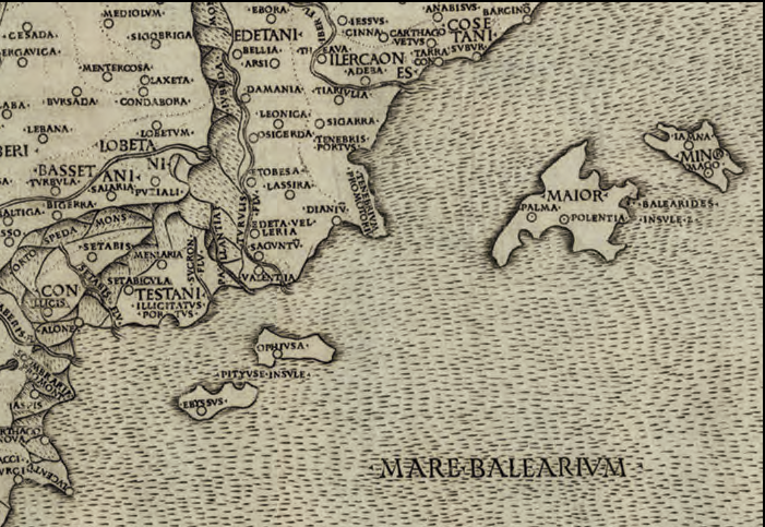 A dalt, detall del mapa ptolemaic Secvnda Evrope tabvla, de Bernardinus Venetus Picardus Vitalibus, 1507 (Cartoteca digital de l'Institut Cartogràfic de Catalunya, RM. 3221).