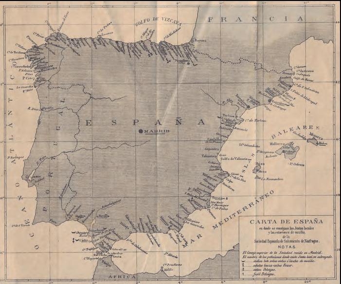 Mapa en el qual s'assenyalen les juntes locals i les estacions d'auxili de la Societat Espanyola de Salvament de Naufrags existents el 1884 a l'Estat espanyol (extret de l'Anuario de la Sociedad Española de Salvamento de Náufragos de 1884).