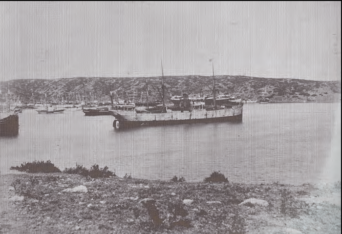 Vista panoràmica del Llatzeret del port de Maó el 12 de juliol de 1884 amb nombrosos vaixells complint la quarantena (fotografia de Femenías de Maó).