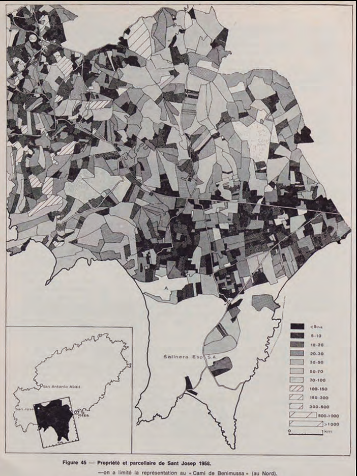 Propietat i parcel·lari de Sant Josep, any 1956. La terre et l'homme aux îles Baléares. Jean Bisson, 1977