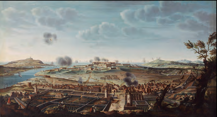 Pintura de Jean-Baptiste Martin 'el Jove' (1700-1778), «Prise du port de Mahon», del 20 de maig de 1756 (collections du chateau de Versailles).