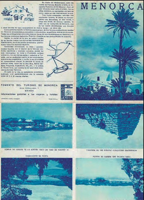 Fulletó propagandístic del Foment del Turisme de Menorca en els anys dels inicis del desenvolupament turístic.