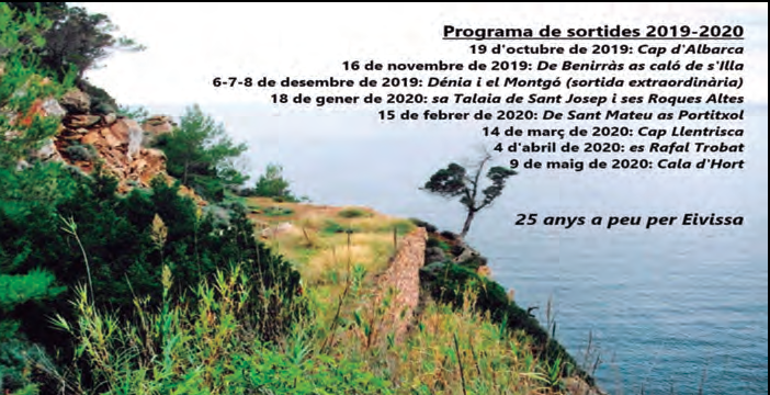 Imatge de portada de la pàgina de Facebook del Grup de Coneixement del Medi, amb el programa de sortides per a la temporada 2019-20 sobre una imatge des Hortets de Corona (fotografia: Josep Antoni Prats).
