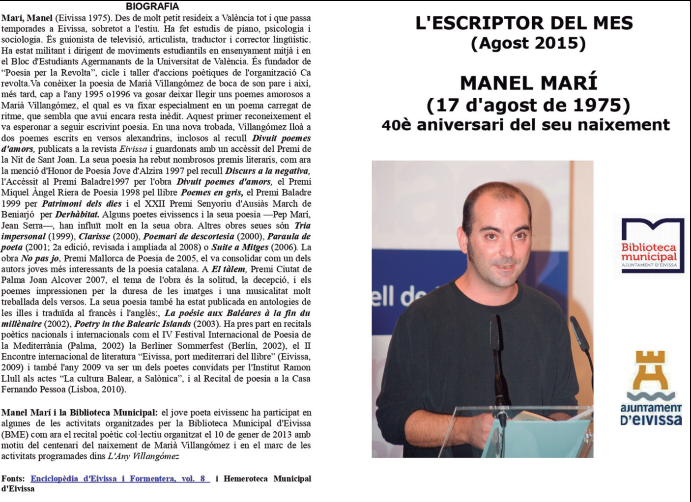 Detall de fulletó editat per la Biblioteca Municipal l'agost de 2015, quan Manel Marí va ser escollit Escriptor del Mes.
