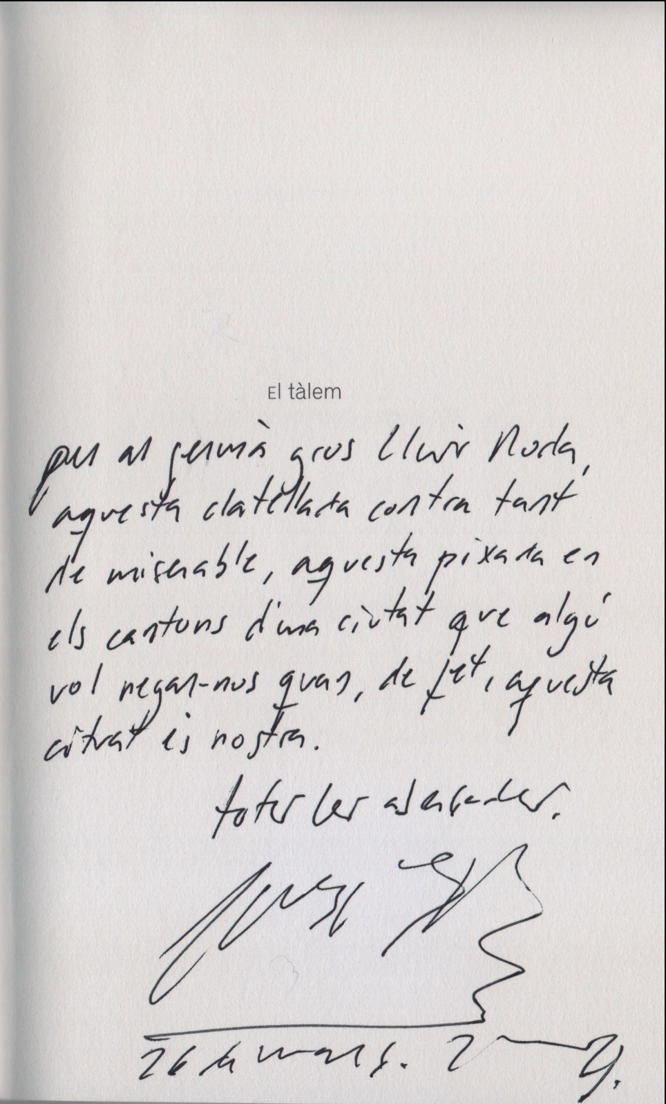 Dedicatòria manuscrita de Manel Marí a Lluís Roda al llibre 'El tàlem'