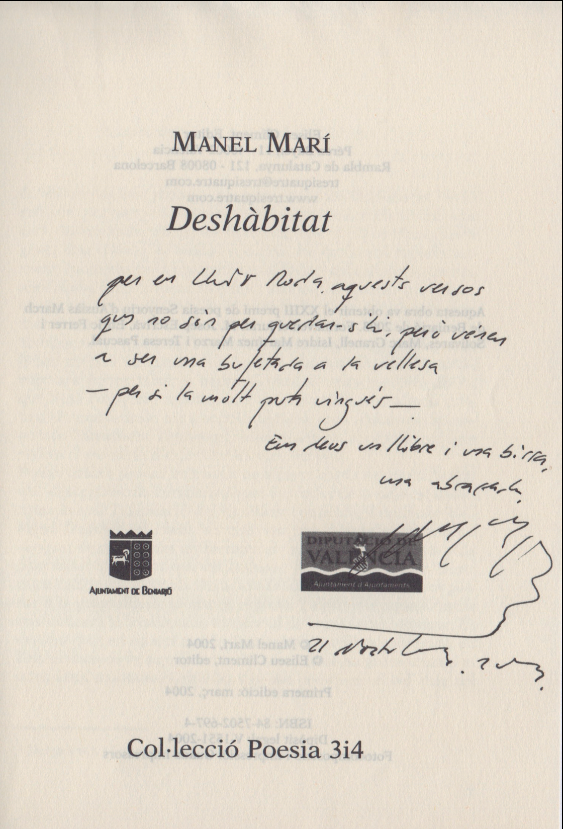 Dedicatòria manuscrita de Manel Marí a Lluís Roda al llibre 'Deshàbitat'