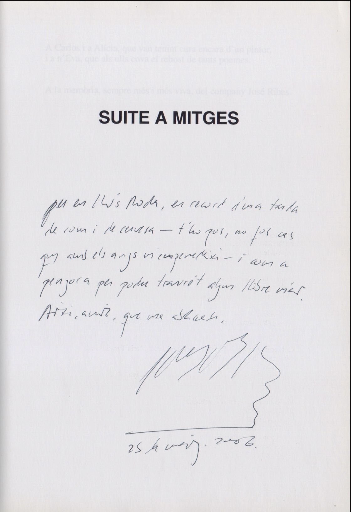 Dedicatòria manuscrita de Manel Marí a Lluís Roda al llibre 'Suite a mitges'