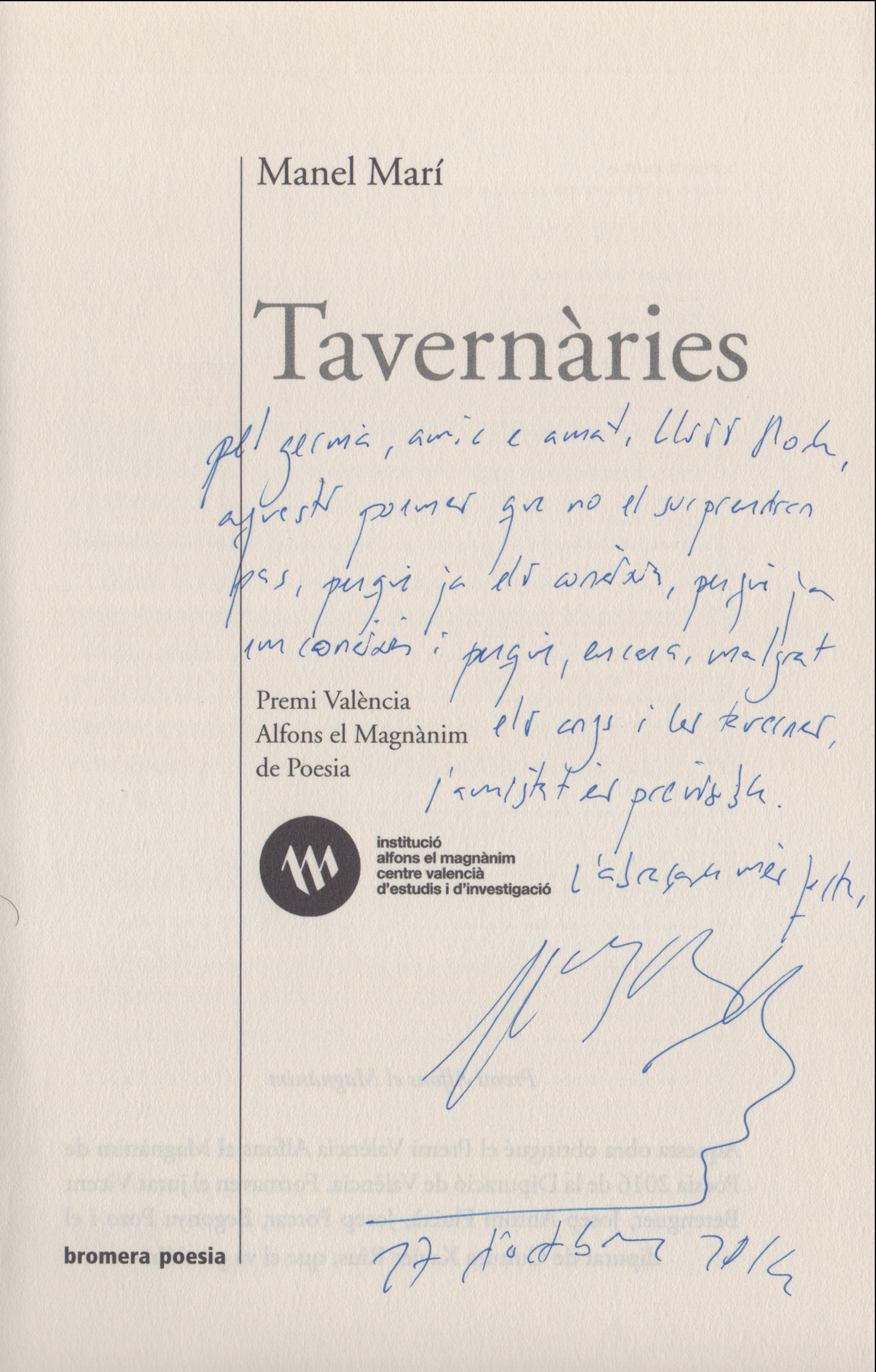 Dedicatòria manuscrita de Manel Marí a Lluís Roda al llibre 'Tavernàries'