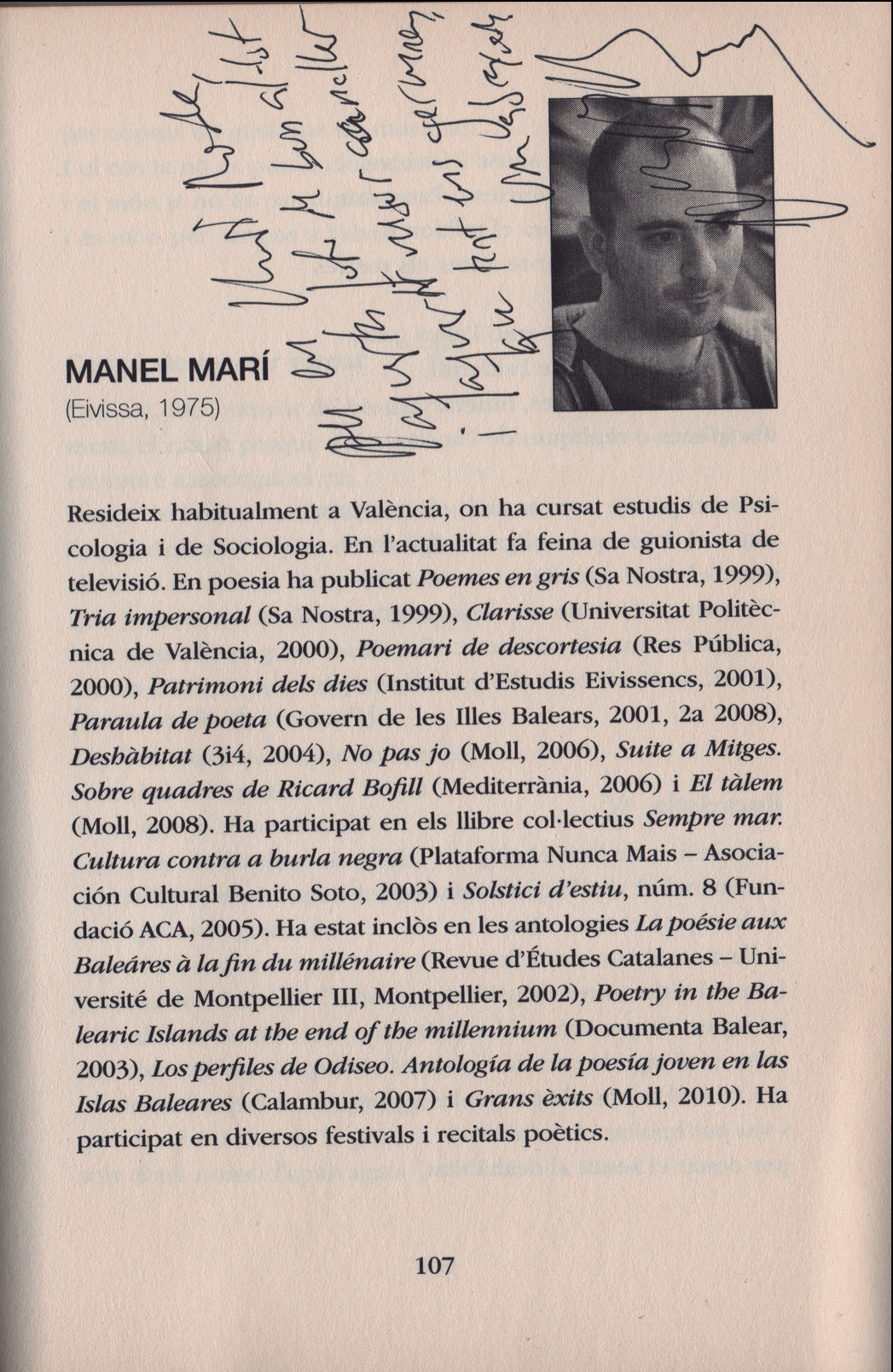 Dedicatòria de Manel Marí al seu amic Lluís Roda del poemari Tibar l'arc.