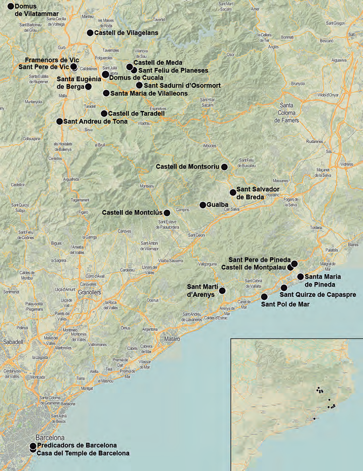 Mapa amb els llocs esmentats als documents relacionats amb Guillem de Montpalau i Berenguera Cucala (Elaborat amb Instamaps, Institut Cartogràfic i Geològic de Catalunya).