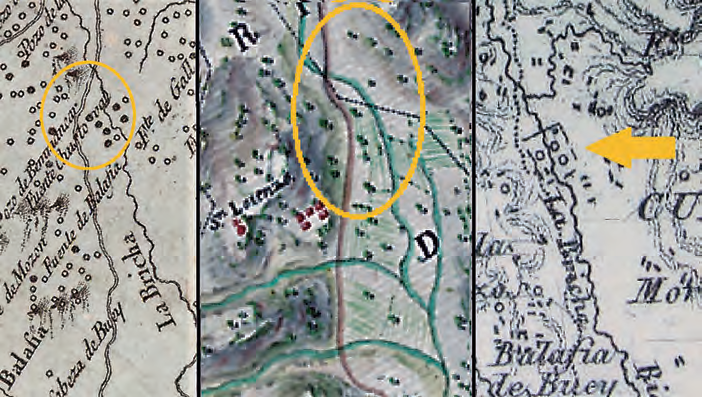 Representació de cartografia històrica de l'àrea d'estudi. A l'esquerra, detall del mapa de Tomás López de Vargas Machuca de 1785, copiat del mapa de José García Martínez de 1765. Al mig, detall del mateix lloc del «mapa de topographico de los dominios directos de S.M. en la isla de Iviza según el apeo hecho en los años 1791 y 1792. (Museo Naval E-50-7) XLIX-7» de Pablo Ordovás. A la dreta, detall del mapa de Francisco Coello de 1851.