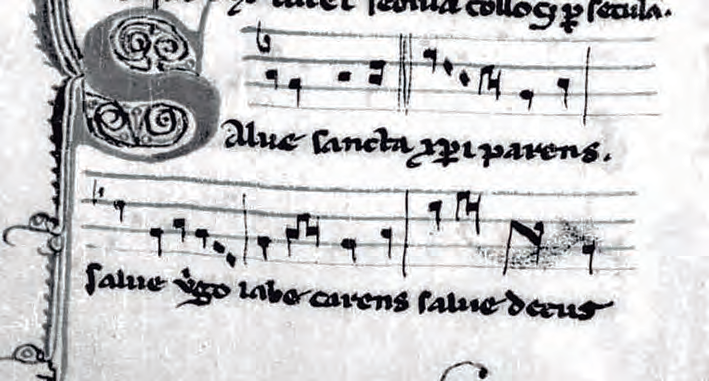 Principi de la seqüència Salve Sancta Christi parens tal com apareix al llibre d'oracions catalogat com a BSB-Hss Cgm 101, f. 183v.