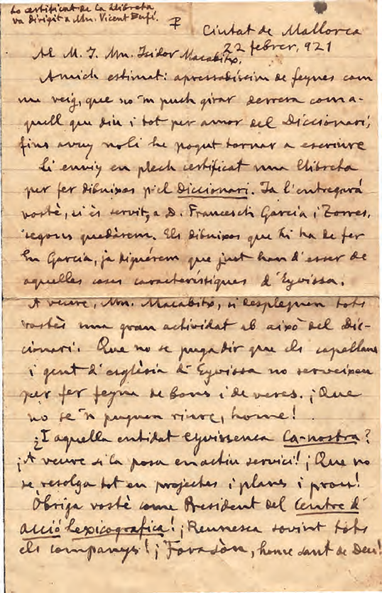 Carta manuscrita d'Antoni M. Alcover a Isidor Macabich, datada el 22 de febrer de 1921.