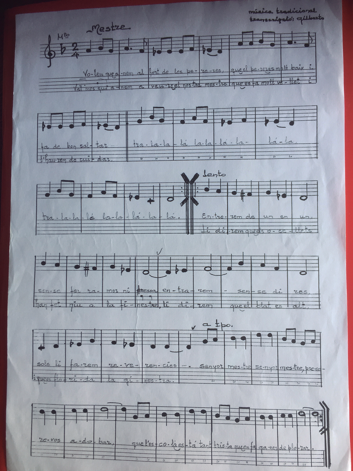 Transcripció de la Cançó del mestre feta per Gilberto Tur.