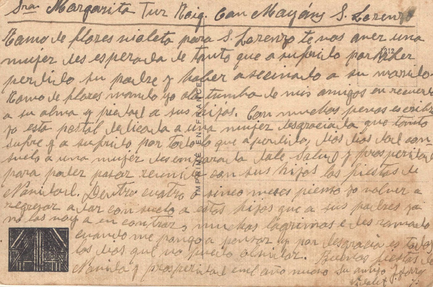 Postal enviada des de França per Joan Torres, Vidalet. Per gentilesa d'en Joan Miquel Torres.
