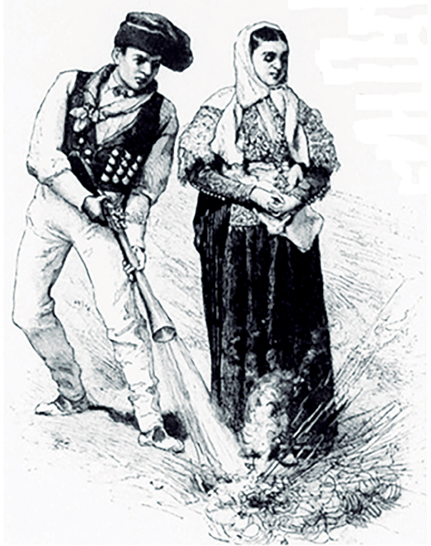 El gravat de Gaston Vuillier (1893) representa un jove eivissenc disparant un trabuc en senyal de salutació a la jove. L'afició a les armes va ser un dels costums negatius amb què les illes es varen conèixer a l'exterior.