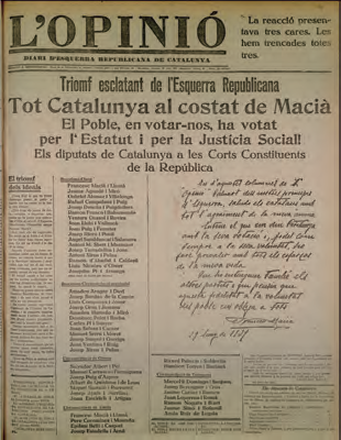 Portada de L'Opinió (ERC).