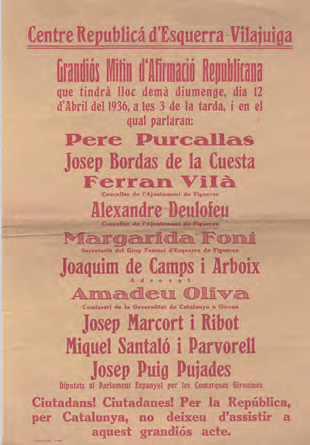 Cartell de propaganda d’un míting d’afirmació republicana a Vilajuïga (Alt Empordà), dos mesos després del triomf electoral del Front d’Esquerres de Catalunya en les eleccions del 16 de febrer de 1936. (FJI)