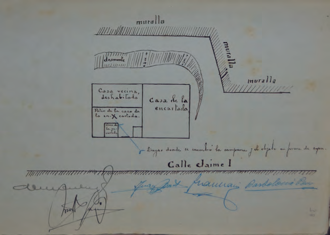 Un dels croquis que assenyalen el lloc on es varen trobar els objectes religiosos. El croquis acompanyava les diligències prèvies de la causa contra Maria Orvai.