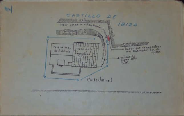 Un dels croquis que assenyalen el lloc on es varen trobar els objectes religiosos. Consta a les diligències prèvies de la causa contra Maria Orvai.