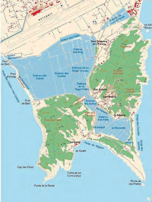 Mapa de les salines d'Eivissa i Formentera.