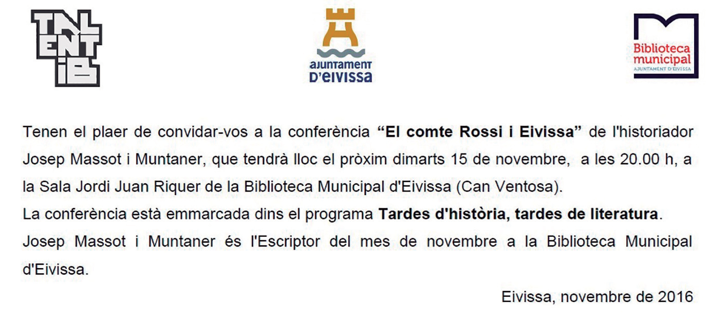 Invitació a una conferència del pare Massot sobre el comte Rossi a Eivissa el 2016.
