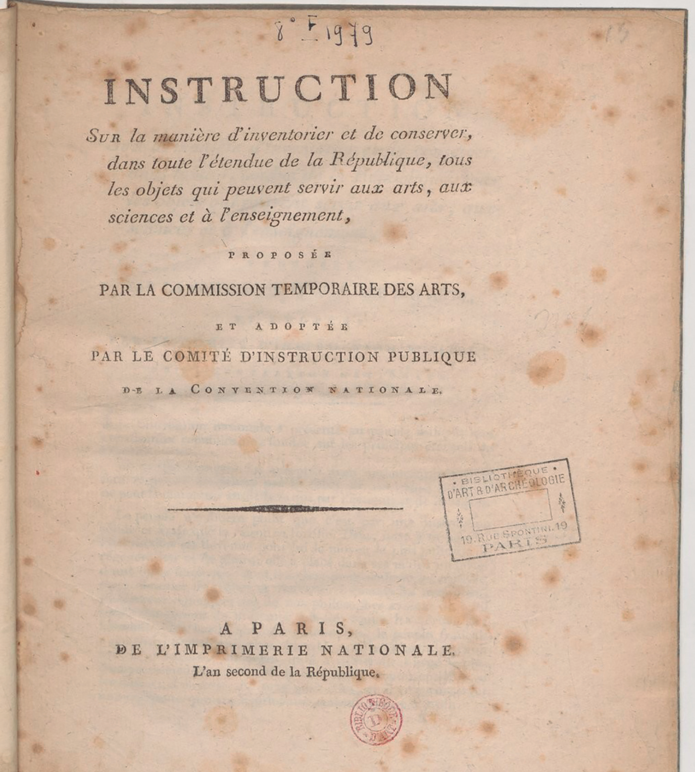 Portada d'un document titulat 'Instruction sur la manière d'inventorier et de conserver...'
