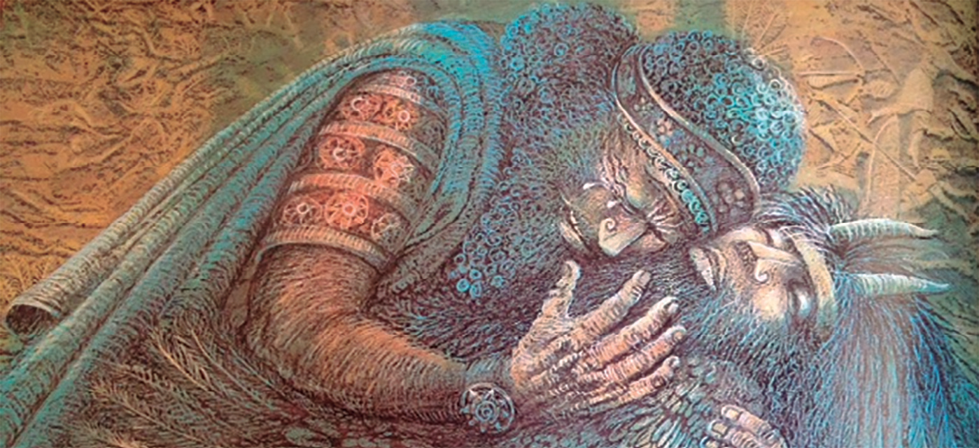 Il·lustració de l'èpica de Guilgameix, on es veu el protagonista plorant la mort del seu amic Enkidu.