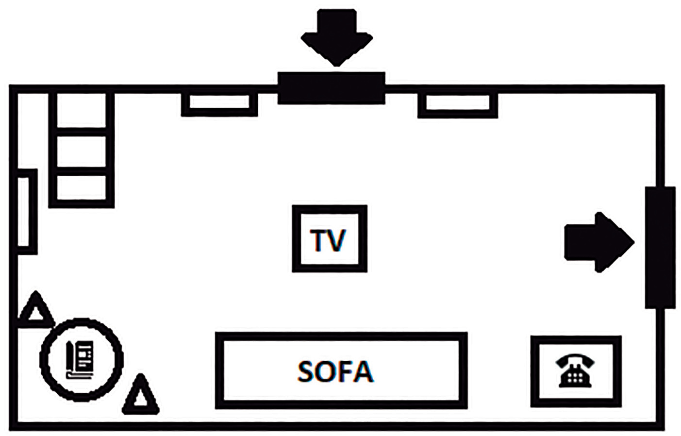 Plànol esquemàtic de la sala 'Eivissa en el segle XXI', amb un sofà, una televisió i altres elements.