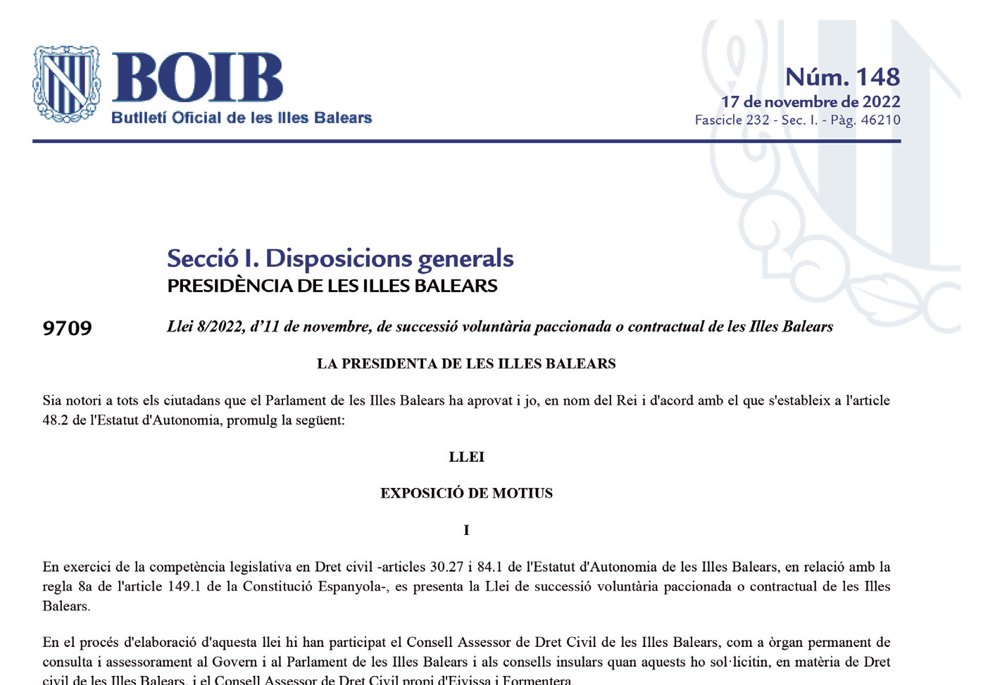 Publicació de la llei 8/2022 al BOIB en la seua versió en català.