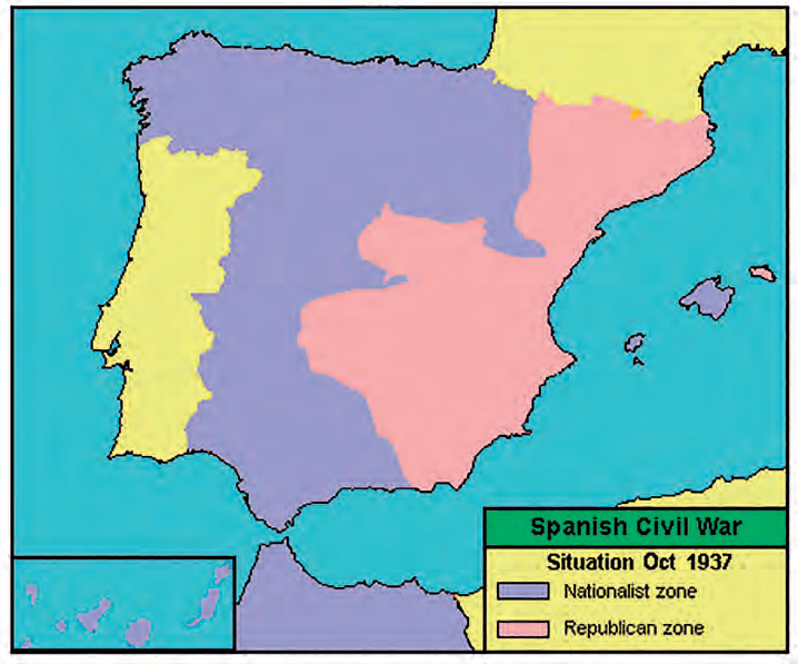 Mapa de posicions durant la guerra civil, amb les Illes Balears en el bàndol franquista, llevat de Menorca, com a perill permanent de bombardeig per la proximitat a les grans ciutats peninsulars (octubre 1937).
