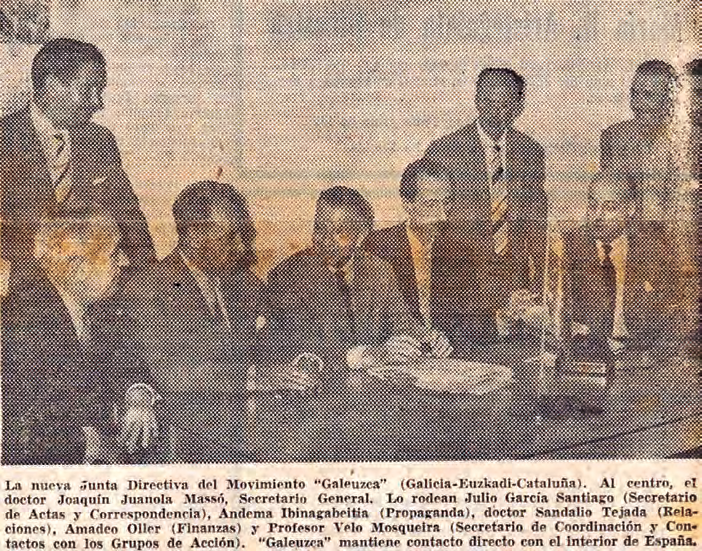 Presentació del moviment Galeuzca (Galícia-Euzkadi-Catalunya) fundat a Caracas, amb Joaquim Juanola com a secretari general, al centre de la foto (El Nacional, Caracas, 1 de juny 1959).