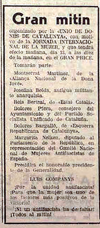 Anunci d'un míting, a Barcelona, de la Unió de Dones de Catalunya, amb motiu de la Jornada Internacional de la Dona, amb Reis Bertral com a oradora, durant la guerra.