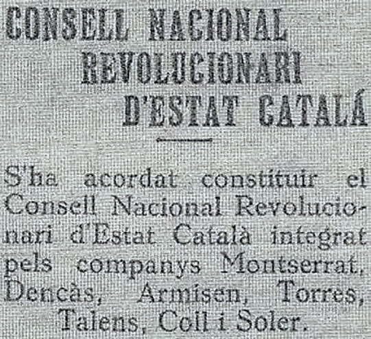 Amb l'esclat revolucionari del juliol de 1936, Estat Català va crear un Consell Nacional Revolucionari del qual M. Talens va formar part.