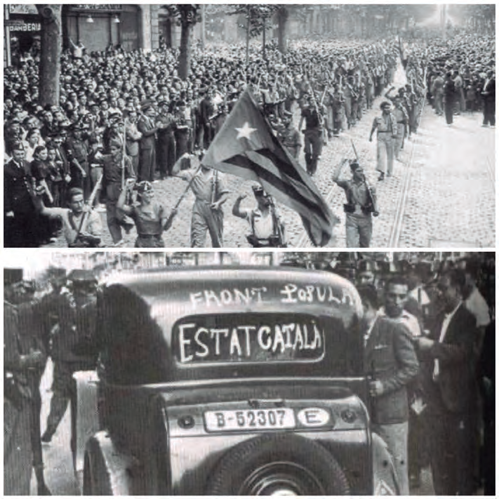 Milicians d'Estat Català, el 1936, desfilant per Barcelona, a punt de partir cap al front, probablement amb alguns voluntaris eivissencs apuntats a la Columna Volant Catalana, després del desembarcament del 8 d'agost de 1936. Vehicle confiscat per elements d'Estat Català, que conversen amb guàrdies civils lleials.