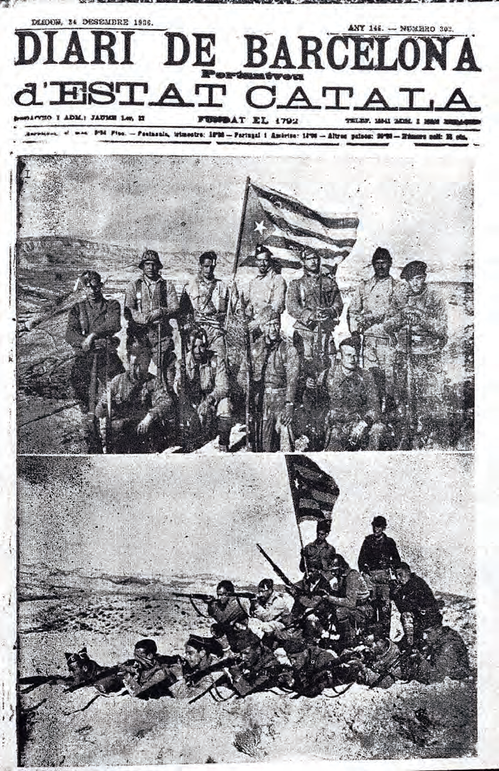 Portada del Diari de Barcelona del 14 de desembre de 1936, amb posicions al front de guerra mantingudes per milicians d'Estat Català els quals sempre hi feien onejar la bandera estelada independentista.