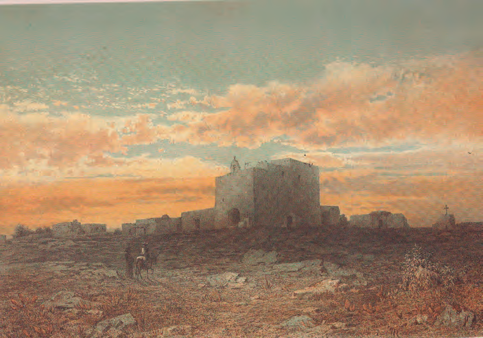 L'església de Sant Francesc Xavier amb unes poques cases. Imatge de 1867 de l'arxiduc Lluís Salvador d'Àustria.